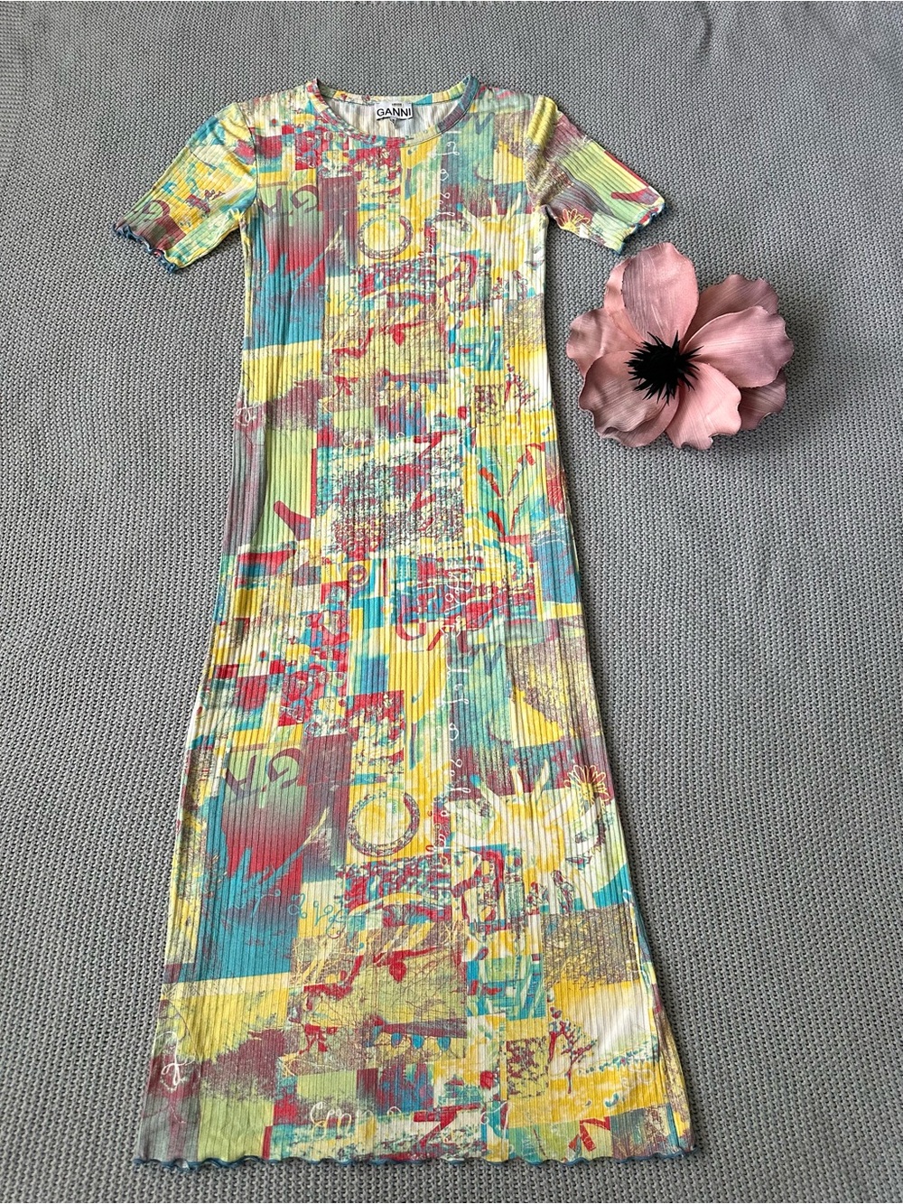GANNI Printed Rib Jersey Maxi Dress Large